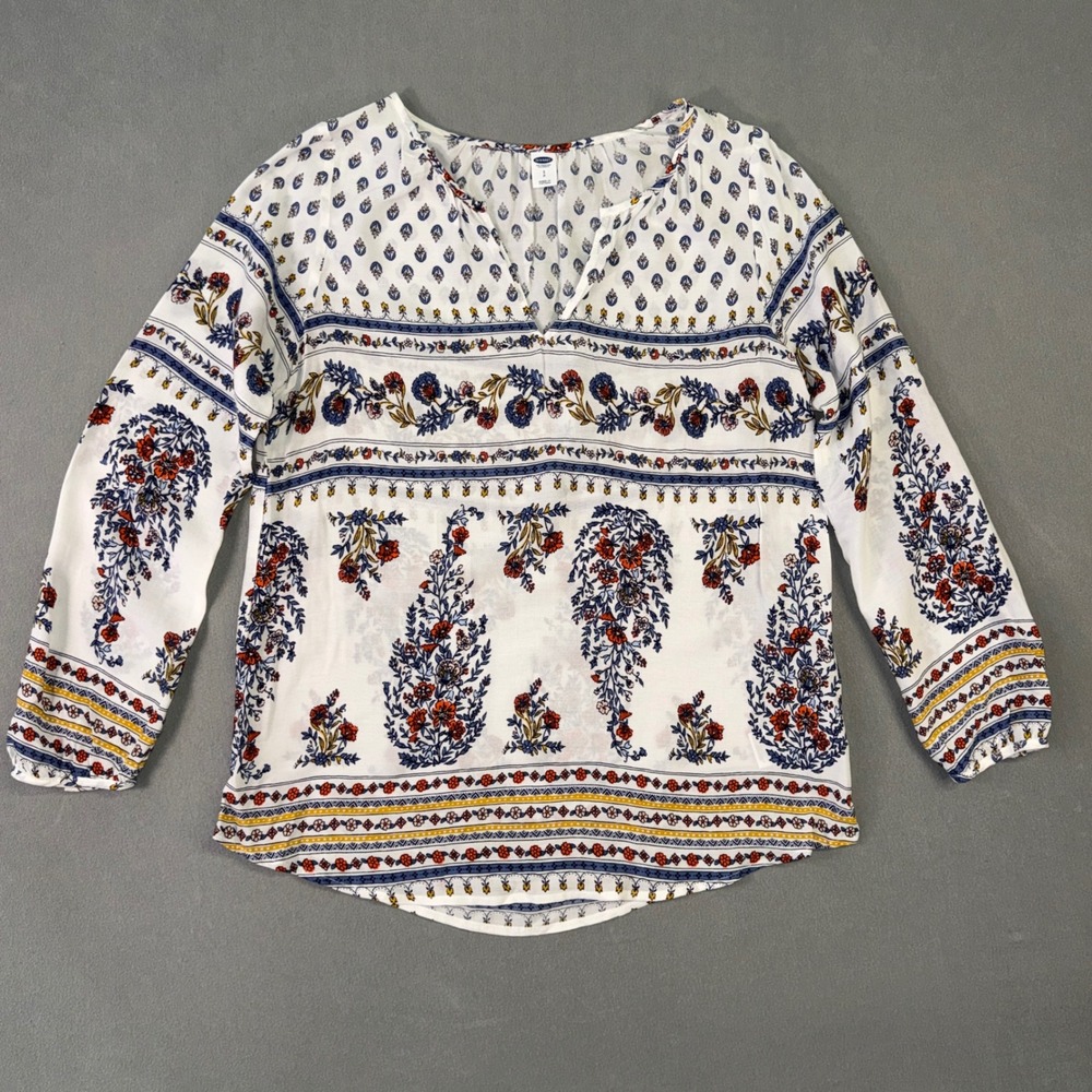 Old Navy Women Small White Blue Floral Paisley Split Neck Long Sleeve Blouse